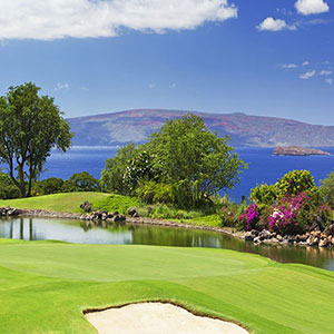 Wailea Emerald Golf course water, mountains flowers